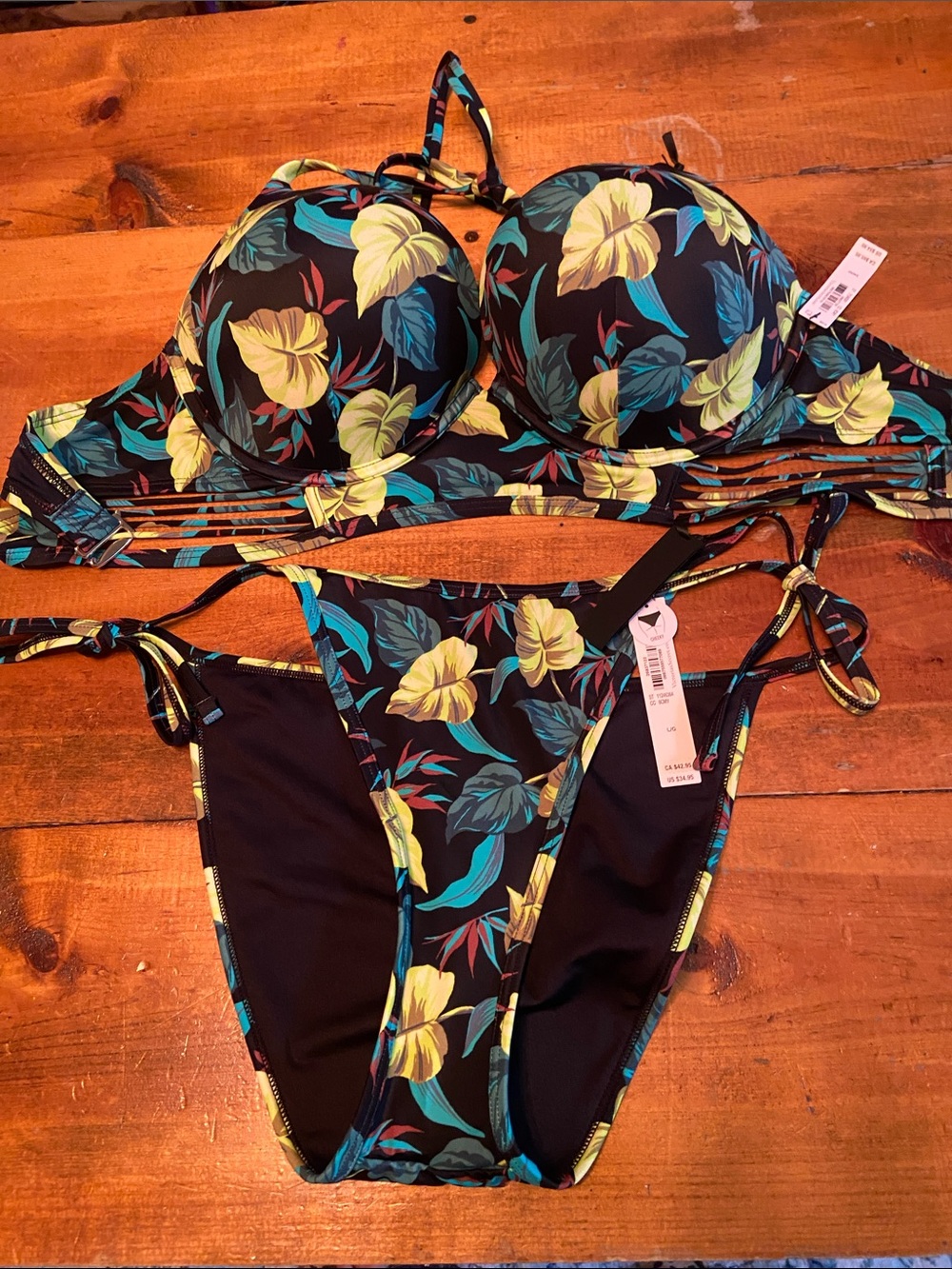 NWT VSTropical Floral Push-Up Bikini — Black with Yellow & Teal Flowers